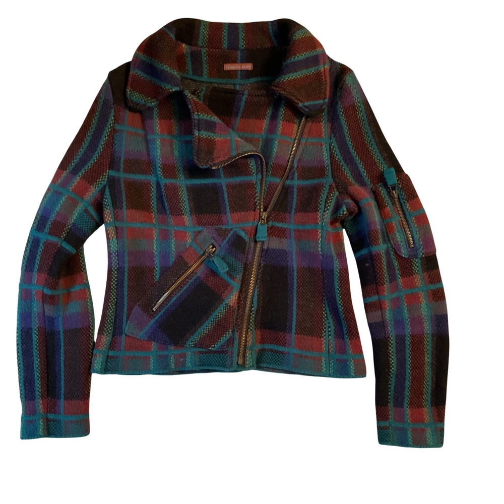 Catherine Andre Womens Plaid Knit Moto Jacket‎ Teal Purple Red Made in France M